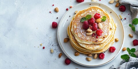 Wall Mural - Stacked pancakes with raspberries and nuts