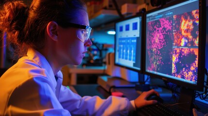 Scientist Analyzing X-Ray Diffraction Patterns on Screen in Laboratory Setting