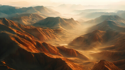 Wall Mural - Vast desert valley with sunlit dunes and red rock formations, capturing the open, untouched expanse of wild desert terrain under soft, hazy light. Mystical Foggy Valley. Illustration