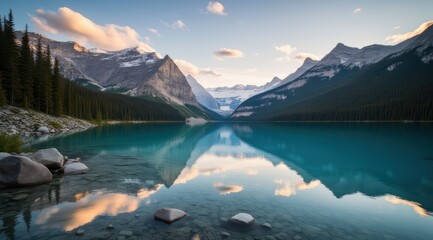 Wall Mural - Serene lake reflecting majestic mountains