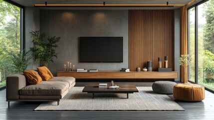 Wall Mural - This attempts to prioritize likely high-ranking terms based on general search patterns... Modern living room with minimalist TV wall, wooden accents, and large windows.