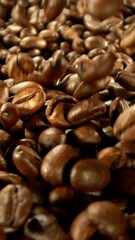 Aufkleber - Super Slow Motion of Falling Coffee Beans on Pile. Concept of Roasting Coffee Beans. Filmed on High Speed Cinema Camera, 1000 fps. Vertical Aspect Ratio.