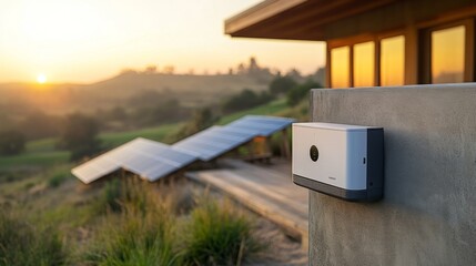 Aufkleber - The sun sets over a modern home with solar panels on the roof, highlighting sustainable living. The tranquil landscape features gentle hills in the distance.