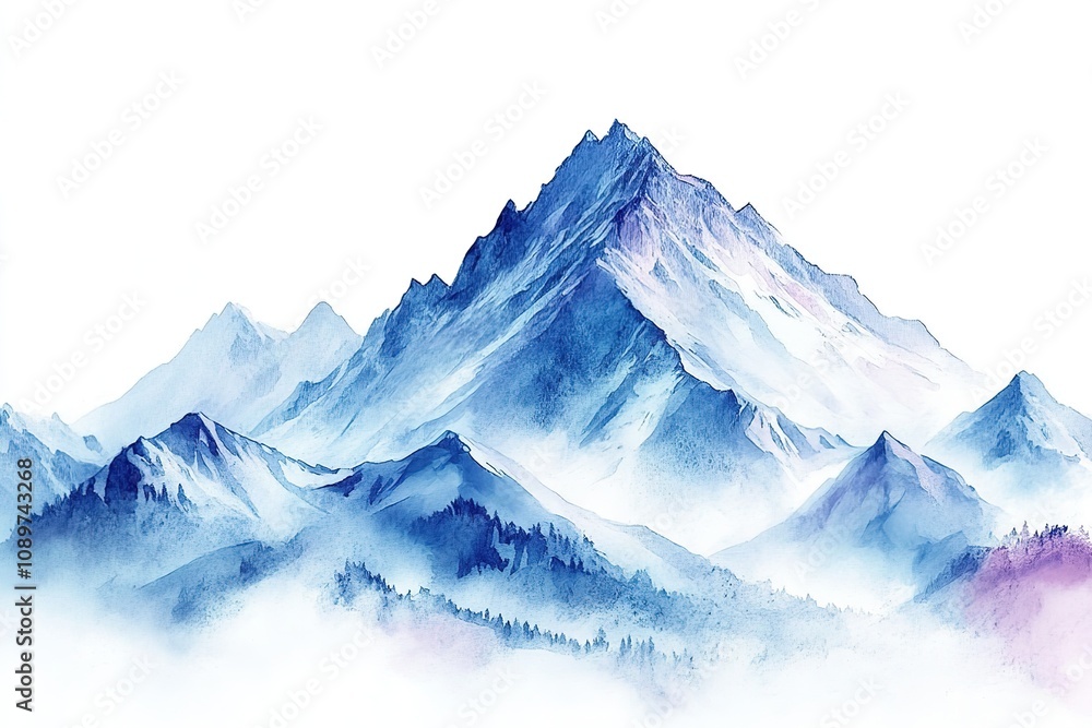 Watercolor painting of a majestic mountain range with snowy peaks ...