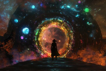 Wall Mural - mystical glowing doorway to the universe, surrounded by cosmic wonders.