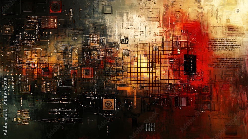 Abstract digital art depicting a complex network of symbols, circuits ...