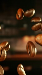 Aufkleber - Super Slow Motion of Falling Coffee Beans. Filmed on High Speed Cinema Camera, 1000 fps. Blur Kitchen Industrial Interior on Background. Vertical Aspect Ratio.