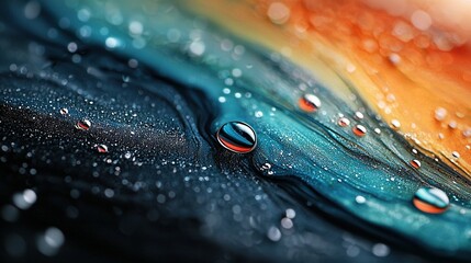 Wall Mural -   Blue, orange, yellow, and black surface with water droplets