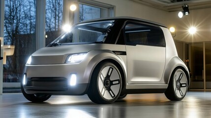 Aufkleber - A sleek, futuristic electric vehicle stands prominently in a stylish showroom, showcasing its innovative design under soft lighting.