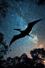 Wall Mural - Pterosaur Silhouette Against Starry Night Sky