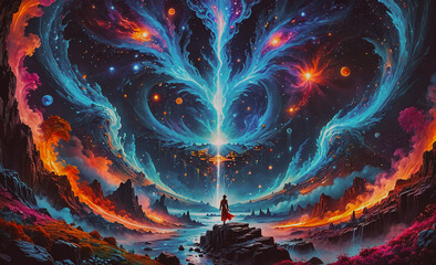 Wall Mural - a colorful painting of a man standing on a rock in front of a large tree. the painting is full of br