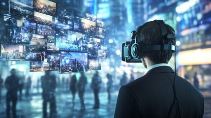 Fototapete - A man wearing a business suit interacts with multiple virtual reality screens showcasing urban landscapes.