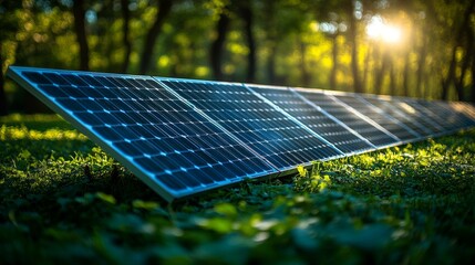 Wall Mural - Solar panels are positioned on the ground in a vibrant forest, collecting sunlight during sunset to produce renewable energy and promote sustainability.