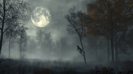 Wall Mural - wolf howling at the full moon in a misty forest.