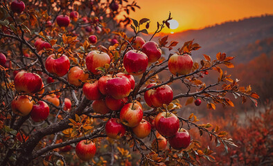 Wall Mural - A tree full of red apples with a sun in the background. The sun is setting and the apples are ripe