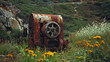 © Pter - A Serene View of Rusted Industrial Machinery Embraced by Nature in an Overgrown Field