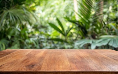 Poster - A wooden table in a lush tropical setting.