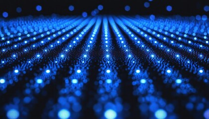 Wall Mural - blue glowing dots on a dark grid fading into the horizon