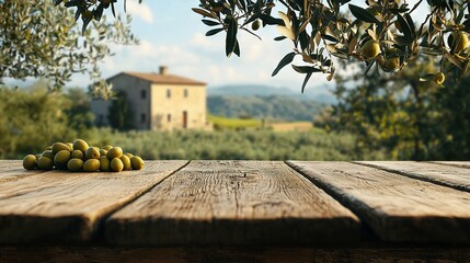 Wall Mural -   A group of olives resting on a wooden table in front of an olive tree and a house in the background