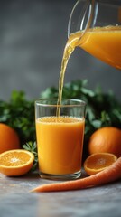 Canvas Print - Freshly poured orange juice flows into a glass surrounded by vibrant carrots and oranges on a textured gray table