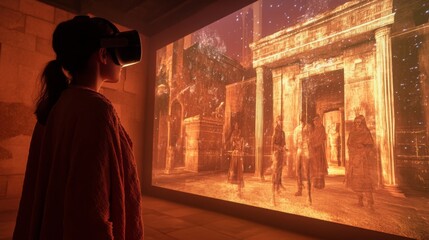 Fototapete - A person experiences a virtual reality simulation that depicts ancient architecture and figures.