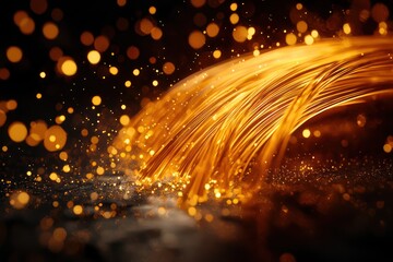 Wall Mural - glowing fiber optic cables with light particles spread in dark ambiance