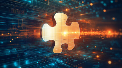 Futuristic Abstract Background with Puzzle Piece and Glowing Light Beams