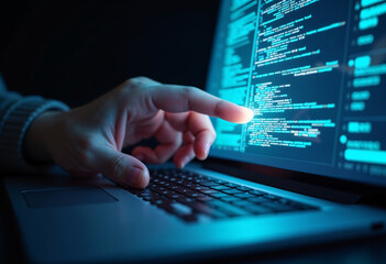 a hand interacts with a laptop screen displaying computer code. the glow of the screen illuminates t