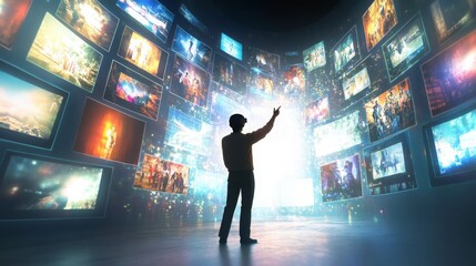 Poster - In a futuristic space, an individual stands amidst a captivating digital gallery filled with colorful artworks.