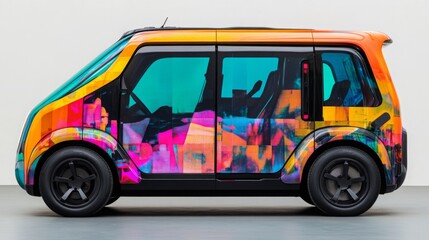 Leinwandbilder - This electric vehicle features a striking exterior design adorned with an array of vivid colors and abstract patterns. It is displayed in a well-lit modern exhibition area, inviting admiration.