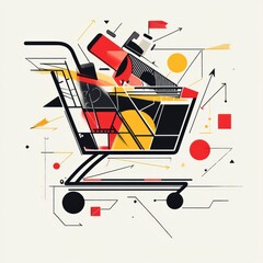 Fototapete - Abstract composition features a shopping cart made of geometric shapes with colorful items inside, surrounded by dynamic flowing lines and shapes. Generative AI