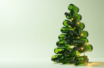 Wall Mural - creative display of stacked green wine bottles resembling a christmas tree design