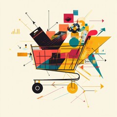 Fototapete - A visually striking shopping cart composed of geometric shapes and flowing lines showcases vibrant colors and energetic movement. Generative AI