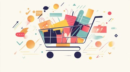 Aufkleber - Abstract representation of a shopping cart made from geometric shapes and lines, symbolizing the essence of contemporary shopping experiences. Generative AI