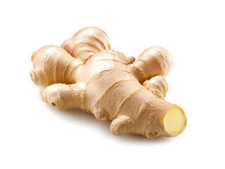 Wall Mural - Fresh whole ginger root on a white background, showcasing its natural texture and health benefits. Perfect for recipes, herbal remedies, and culinary use.