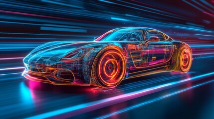 Poster - A highly detailed, neon-lit sports car speeds through a vibrant cyberpunk city at night. The luminous trails and bright colors create a dynamic atmosphere filled with energy and movement.