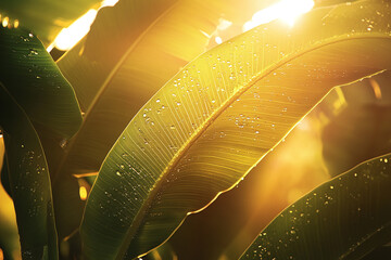 Wall Mural - Banana tree leaves backlit by sunset, water droplets visible.