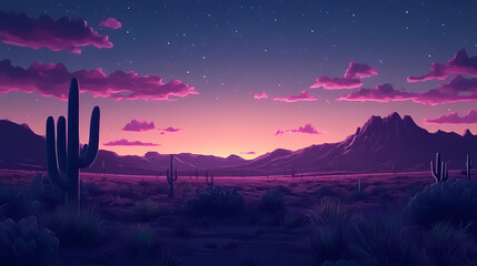 Wall Mural - An arizona desert landscape vector illustration with tall mountains in the background at sunset. generative ai. Desert Cactus Sunset. Illustration