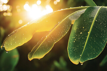 Wall Mural - Banana tree leaves backlit by sunset, water droplets visible.