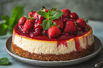 Wall Mural - Delicious rich cheesecake topped with fresh strawberries and fruit glaze served on a plate