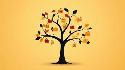 Fototapete - An abstract tree features branches adorned with discount symbols and price tags, illustrating a unique take on savings and promotions. Generative AI