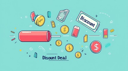 Aufkleber - Colorful elements showcase various discount offers, with coins and items representing exciting savings opportunities. Generative AI