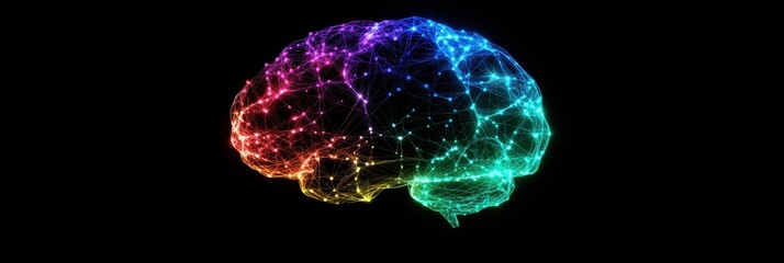 Fototapete - This vivid digital brain illustration shows colorful neural pathways on a dark backdrop, highlighting innovative technology. Generative AI