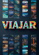 © Marcelo - A imagem apresenta a palavra 'VIAJAR' em letras coloridas e decoradas com ícones de viagem, sobre um fundo com paisagens turísticas.