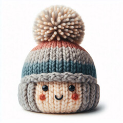 Wall Mural - A cute knitted beanie with a smiling face and a colorful pom-pom