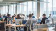 © PixelPerfected - An open plan office space with sleek furniture and large windows. Employees are seen from behind, sitting at their desks and working on laptops.