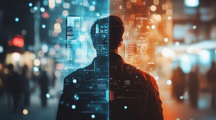 Aufkleber - A person gazes at a vibrant digital world, split between blue and orange hues, showcasing technology's impact on contemporary urban life, surrounded by an abstract representation of city lights.