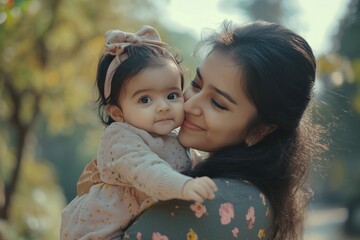 South asian young mother having fun with her baby girl at outdoor, family togetherness and family bonding concept 