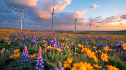 Poster - A vibrant field of wildflowers featuring purple and yellow blooms thrives beside tall wind turbines under a picturesque sunset. The sky is filled with scattered clouds.