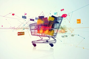Aufkleber - Geometric shapes and flowing lines create an abstract representation of a shopping cart, filled with vibrant colors and digital elements. Generative AI